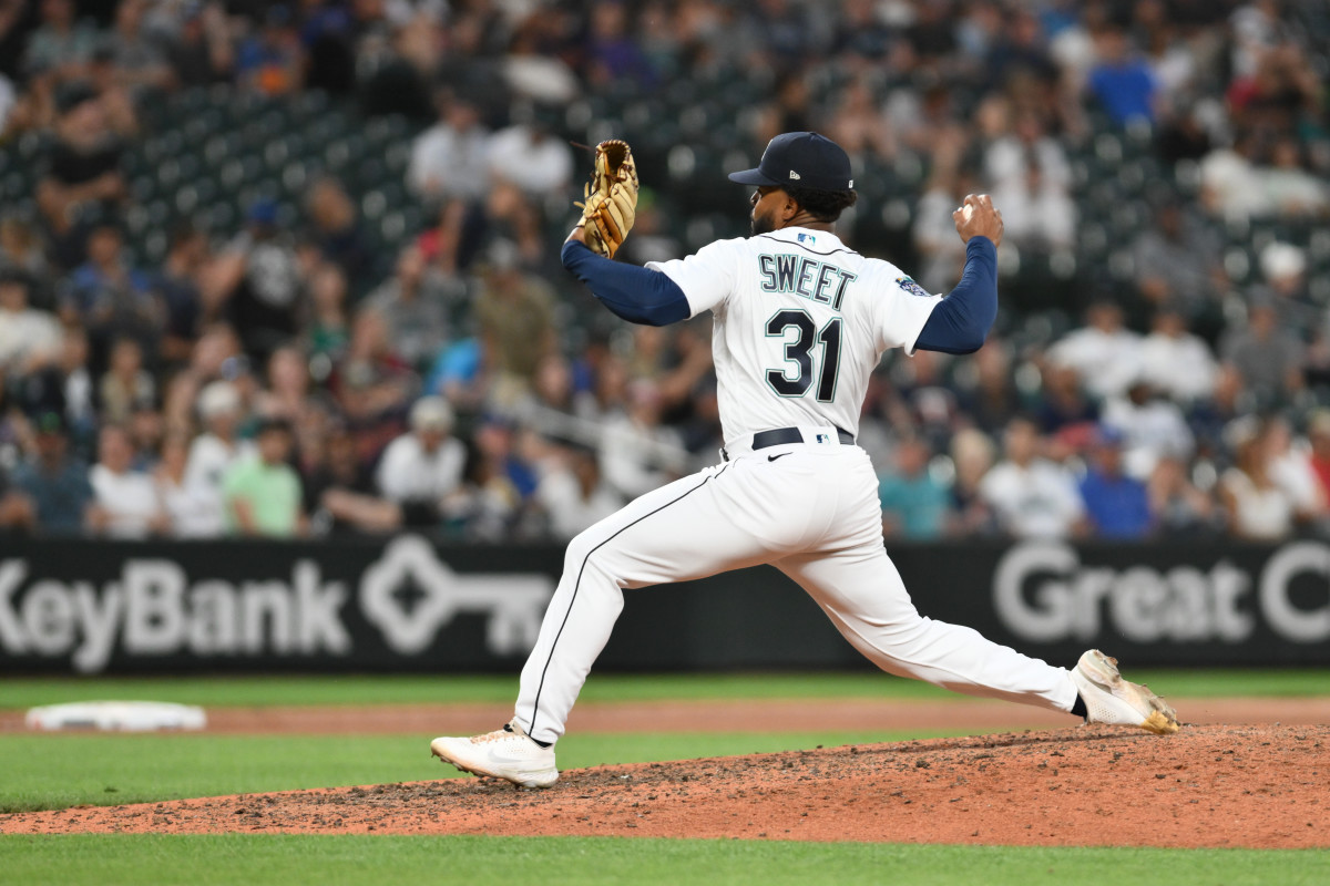 Seattle Mariners relief pitcher Devin Sweet makes his MLB debut and pitches to the Minnesota Twins during the ninth inning at T-Mobile Park. (2023)